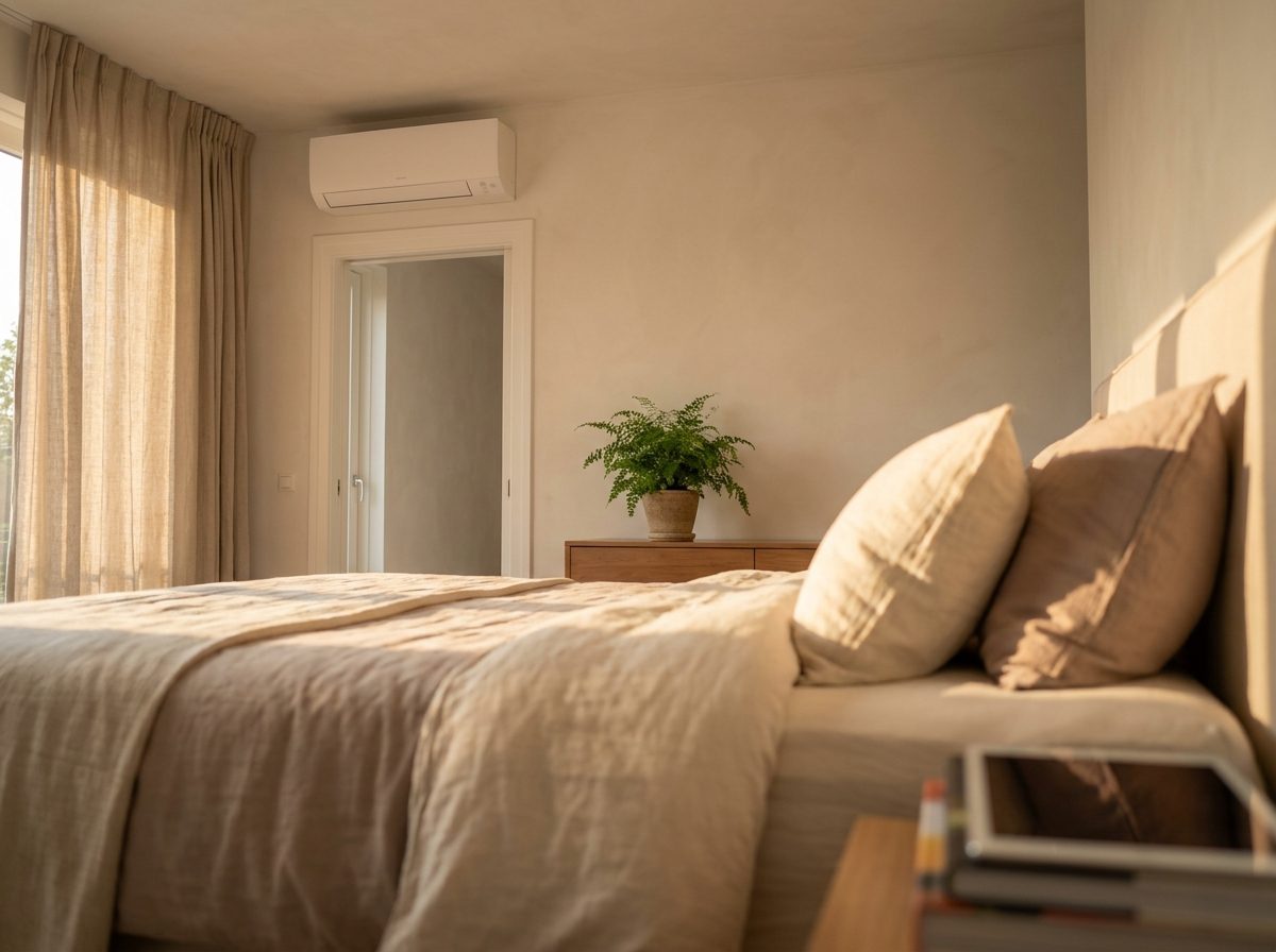 Binnenunit van een airco boven de deur van een slaapkamer
