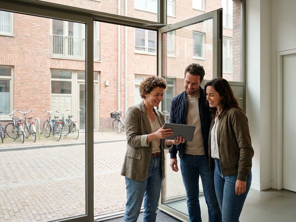 Energieadviseur bespreekt het energielabel in een appartementengebouw