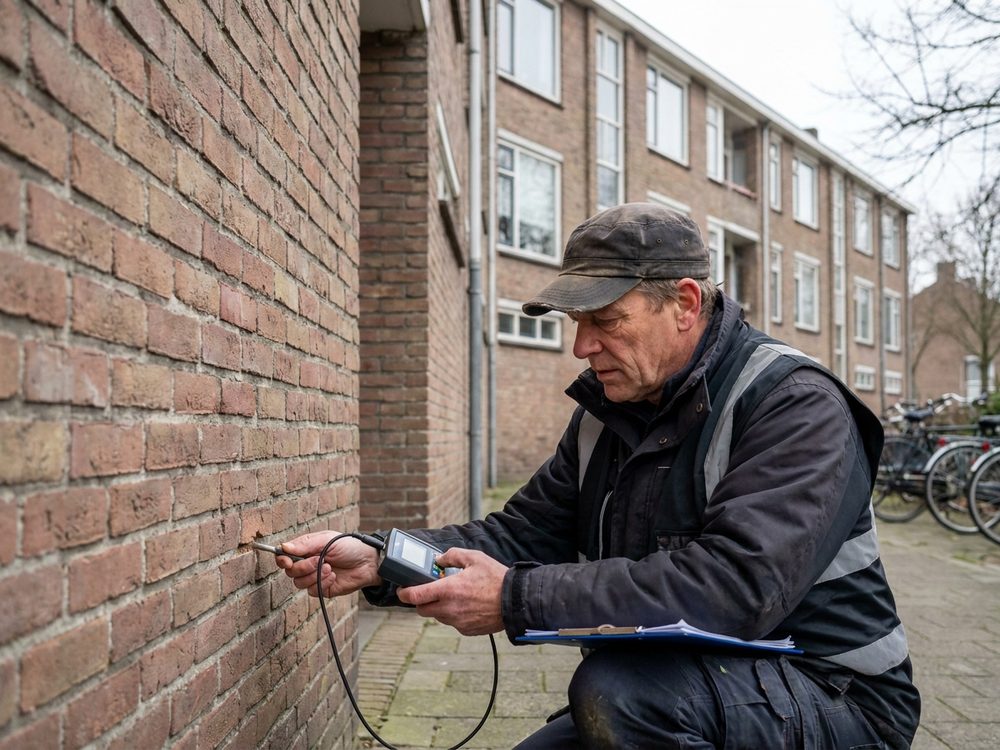 Energieadviseur meet de spouw van een appartementencomplex