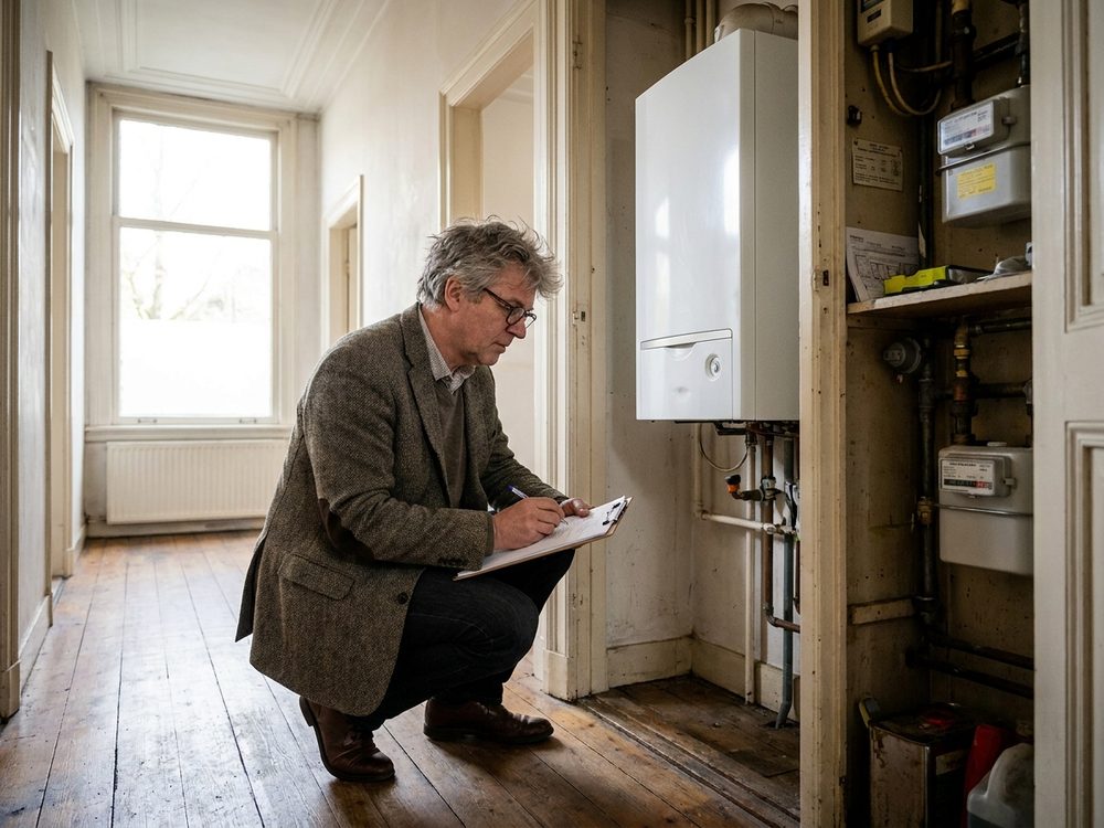 Energieadviseur inspecteert de cv-ketel in een bestaande woning