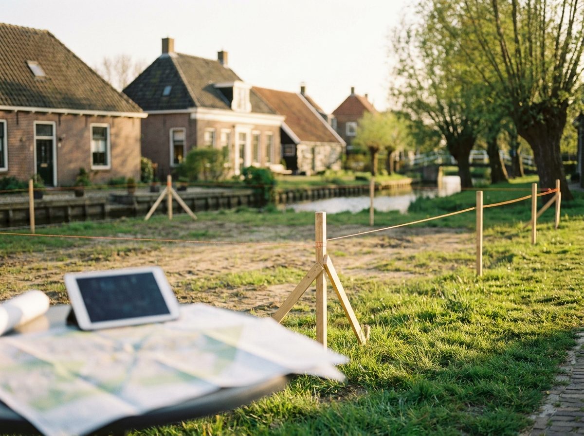 Bouwkavel met piketpaaltjes aan de rand van een dorp, getoetst aan het omgevingsplan