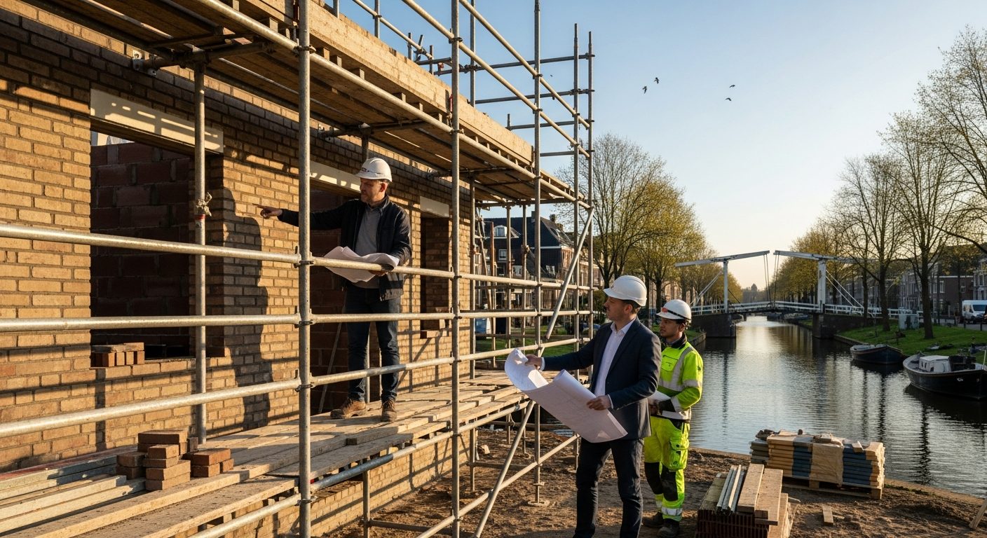Bouwkundig adviseur met tablet op een nieuwbouwplaats