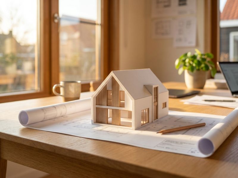 Maquette van een nieuwbouwwoning op bouwtekeningen