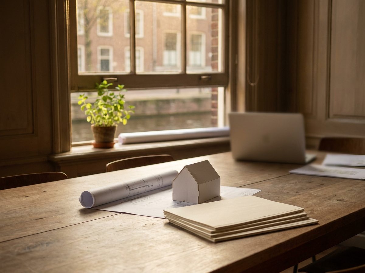 Bouwplan, maquette en tekeningen op tafel: de bouwfysische berekeningen horen bij de aanvraag
