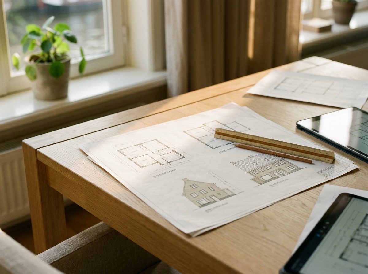 Bouwtekeningen met plattegrond en gevelaanzichten op tafel, aan te leveren voor de BENG-berekening