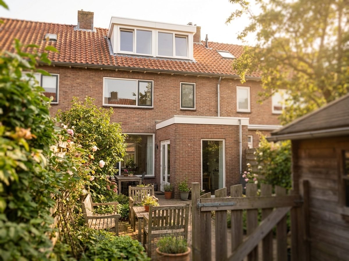 Rijtjeswoning met dakkapel en kleine aanbouw, vaak vergunningsvrij