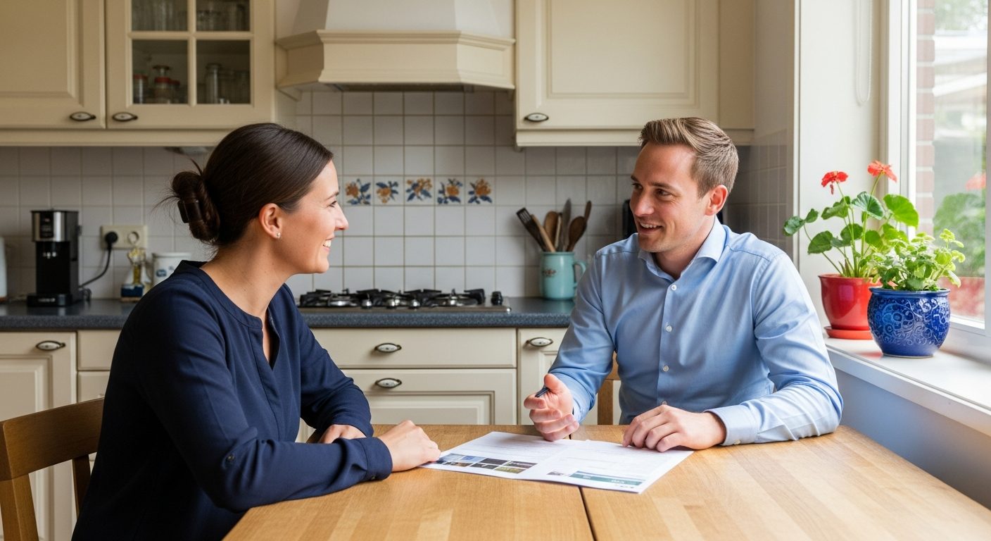 Energieadviseur bespreekt het energielabel met een woningeigenaar aan de keukentafel