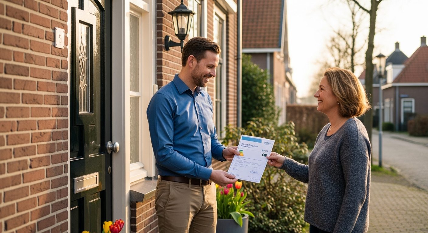 Energieadviseur overhandigt het definitieve energielabel aan een tevreden woningeigenaar