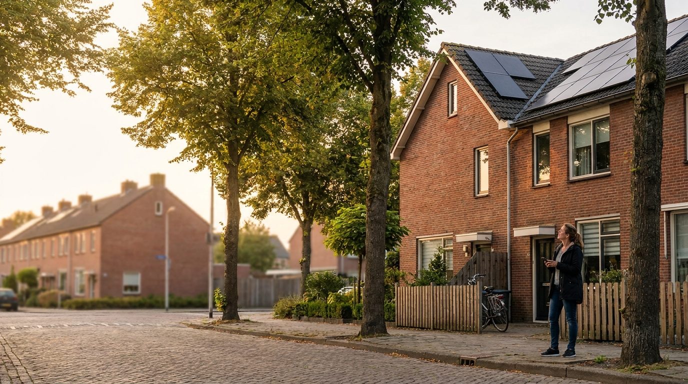 Vrouw met smartphone voor een bakstenen rijtjeshuis met zonnepanelen in een Nederlandse woonstraat