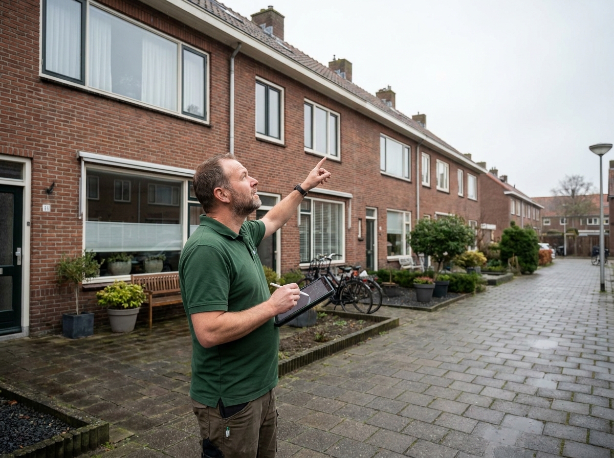 Energieadviseur van DuraPlus inspecteert de gevel van een woning voor het energielabel