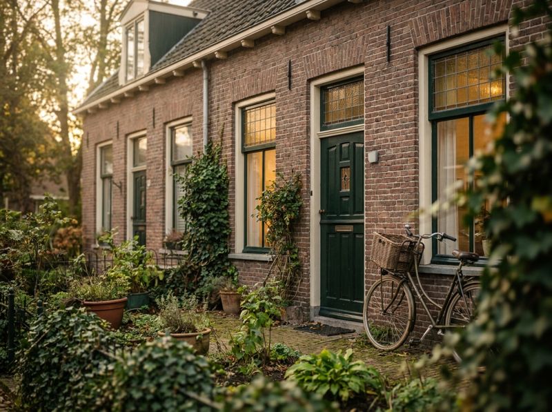 Nederlandse rijwoning met groene voordeur in avondlicht