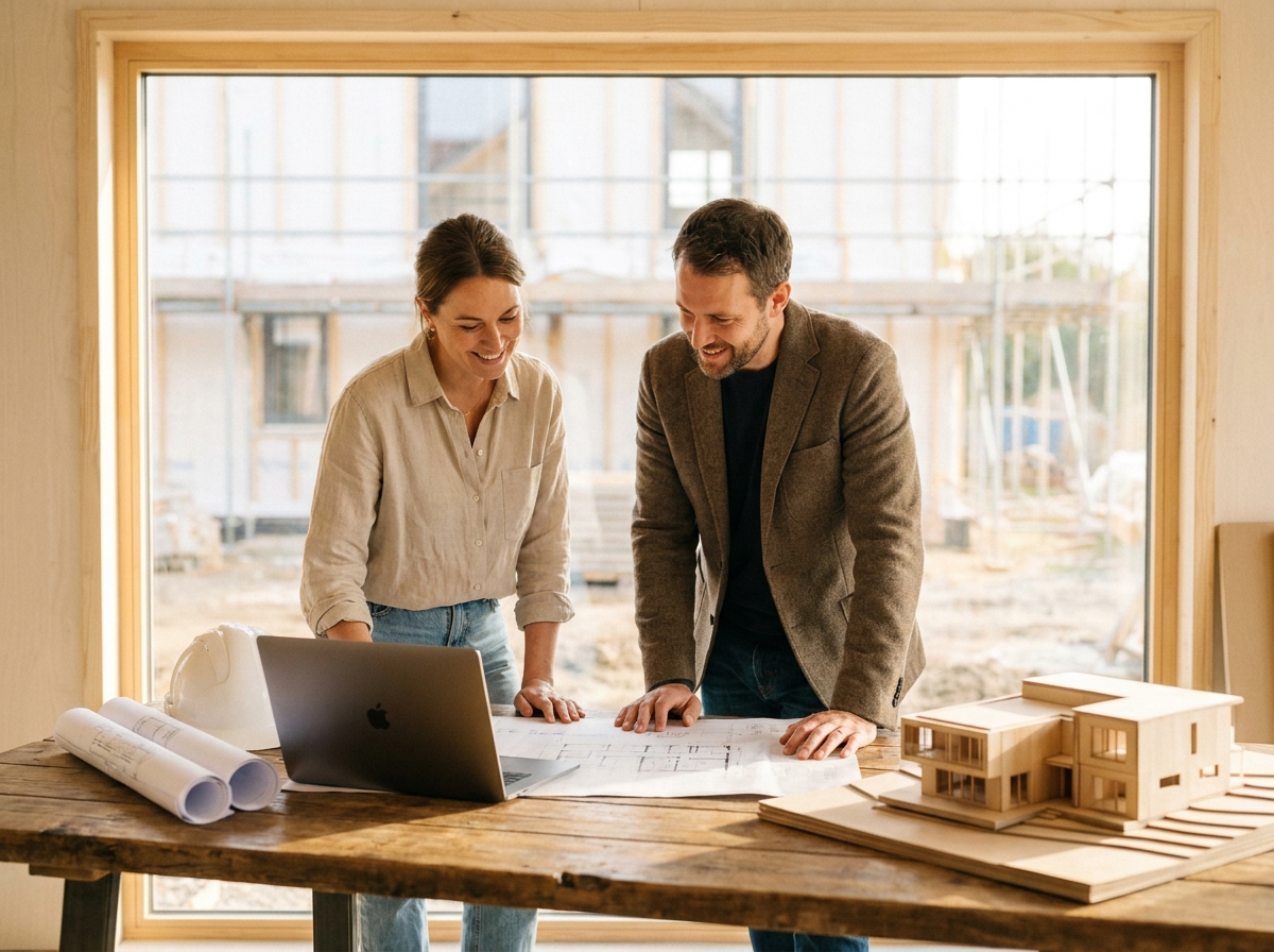 Architect en bouwkundig adviseur van DuraPlus bespreken de BENG-berekening voor een nieuwbouwproject