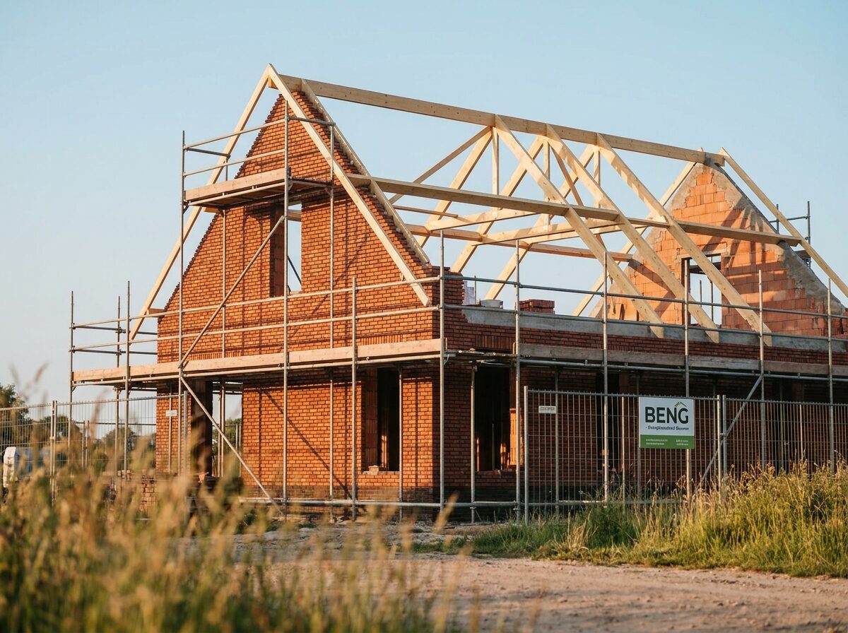 Nederlandse nieuwbouwwoning in aanbouw met BENG-bord — DuraPlus verzorgt de BENG-berekening voor de omgevingsvergunning