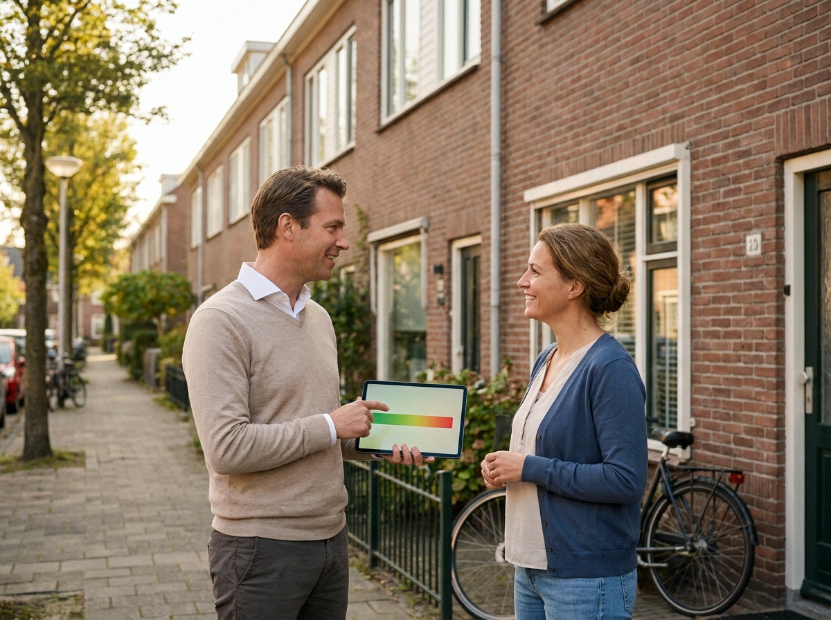 Gecertificeerd energieadviseur van DuraPlus legt het energielabel uit bij een Nederlandse woning