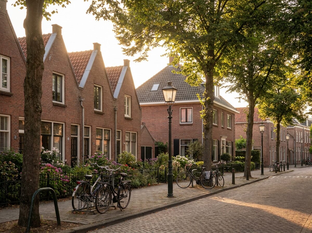 Warme Nederlandse woonstraat met bakstenen woningen — DuraPlus maakt energielabels in heel Nederland