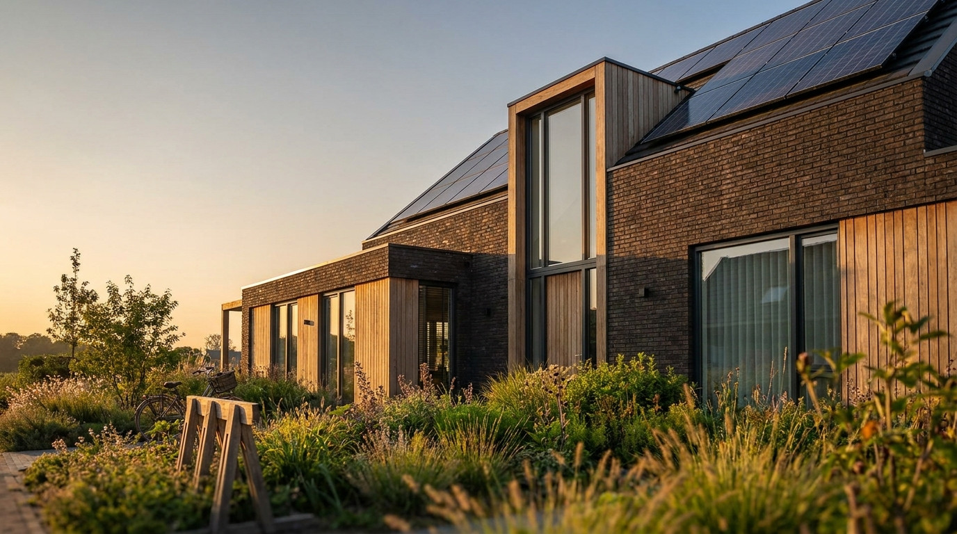 Moderne duurzame Nederlandse woning met zonnepanelen en natuurlijke tuin in gouden licht — DuraPlus