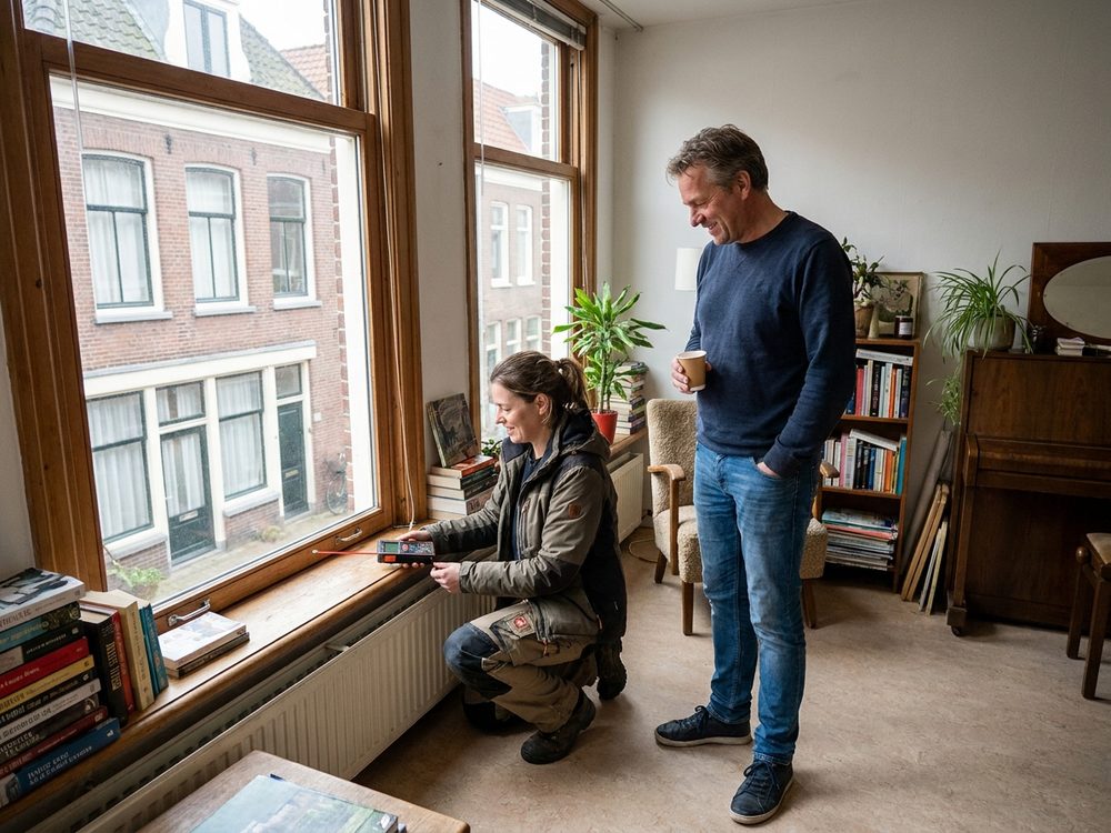 Energieadviseur meet een raam in een huurwoning