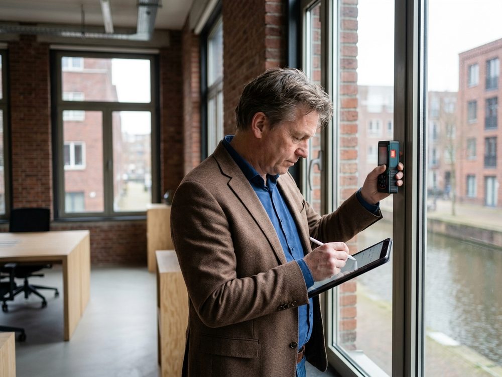 Energieadviseur meet een raam in een kantoorpand