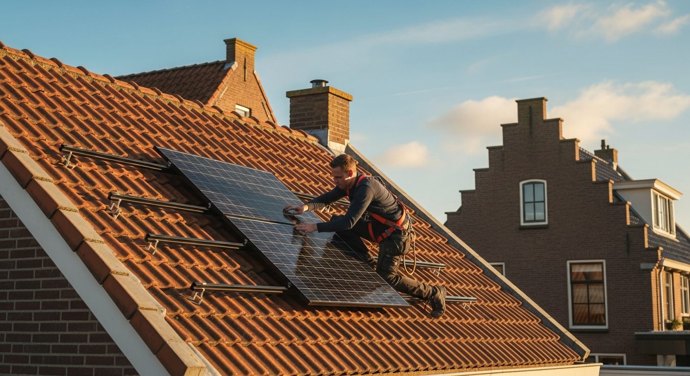 Monteur plaatst zonnepanelen op het dak van een woning