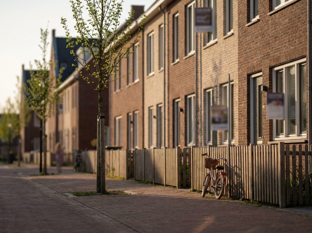 Rustige nieuwbouwstraat met jonge bomen: de leefomgeving die de omgevingsvergunning beschermt