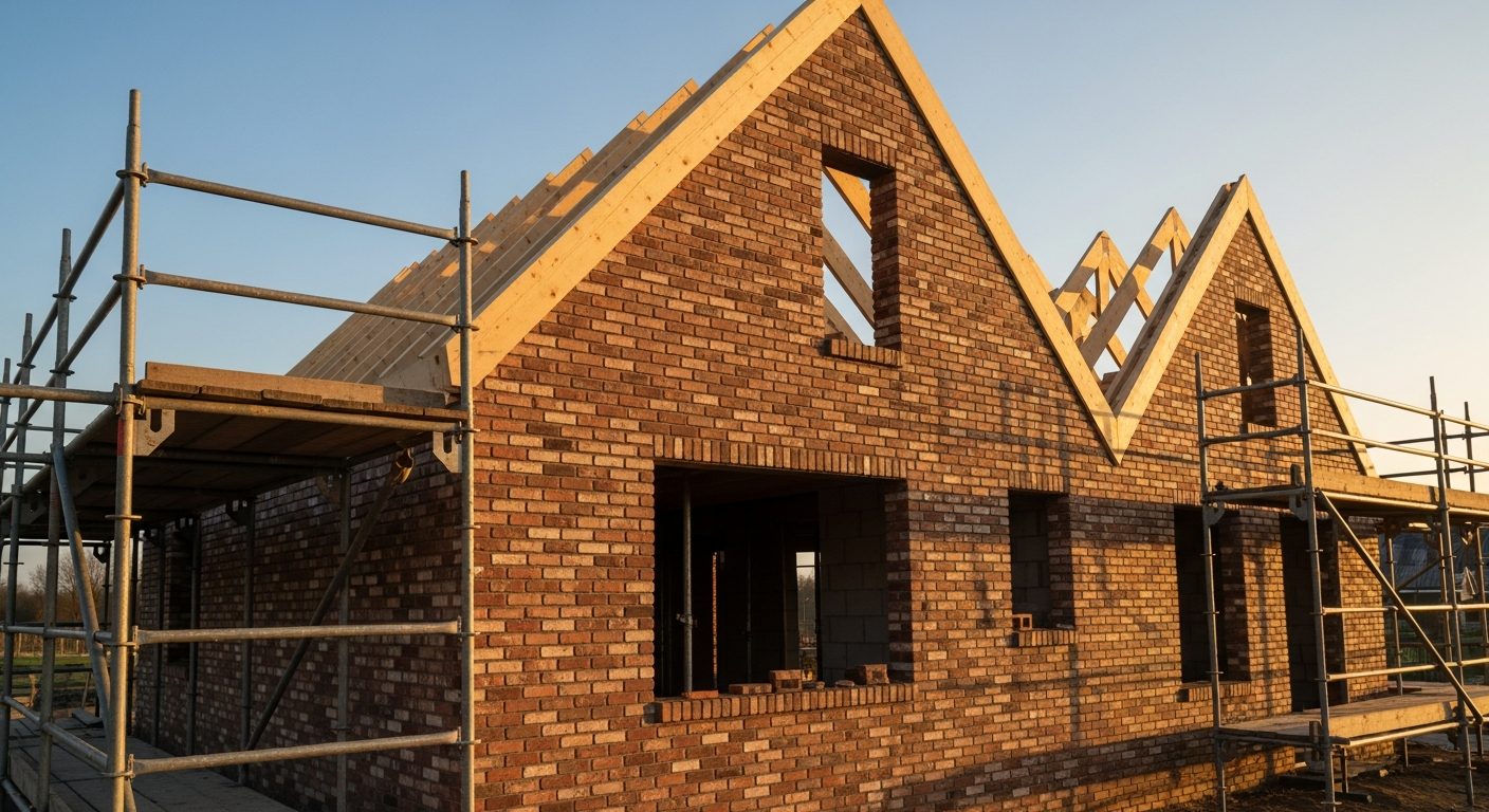 Nederlandse nieuwbouwwoning in aanbouw — BENG-berekening en omgevingsvergunning