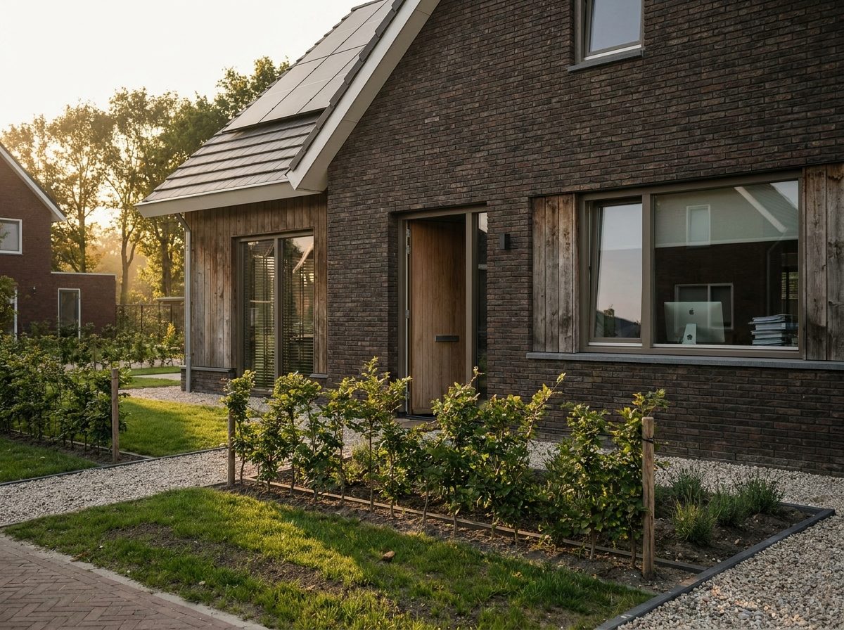 Opgeleverde nieuwbouwwoning met zonnepanelen in avondlicht