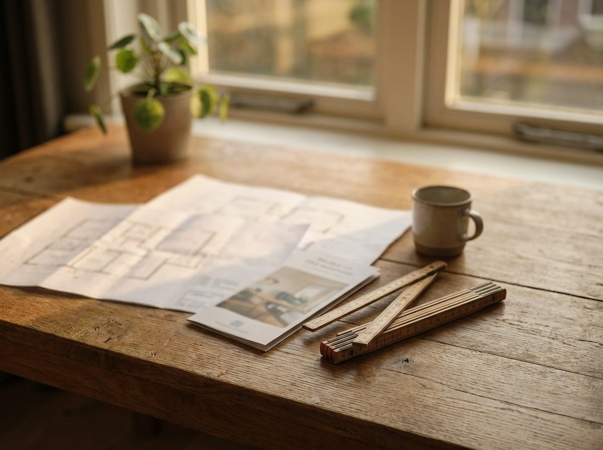 Plattegrond en duimstok op tafel als basis voor een warmteverliesberekening