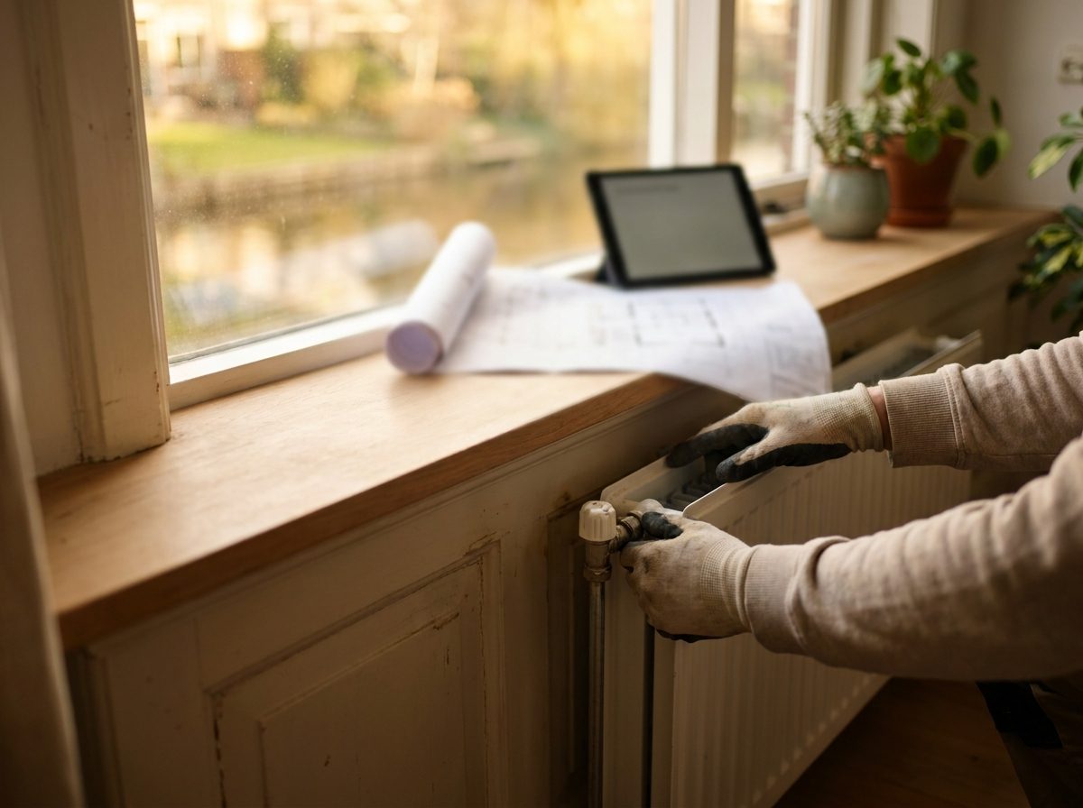 Installateur controleert een radiator onder het raam, met tekeningen en tablet op de vensterbank