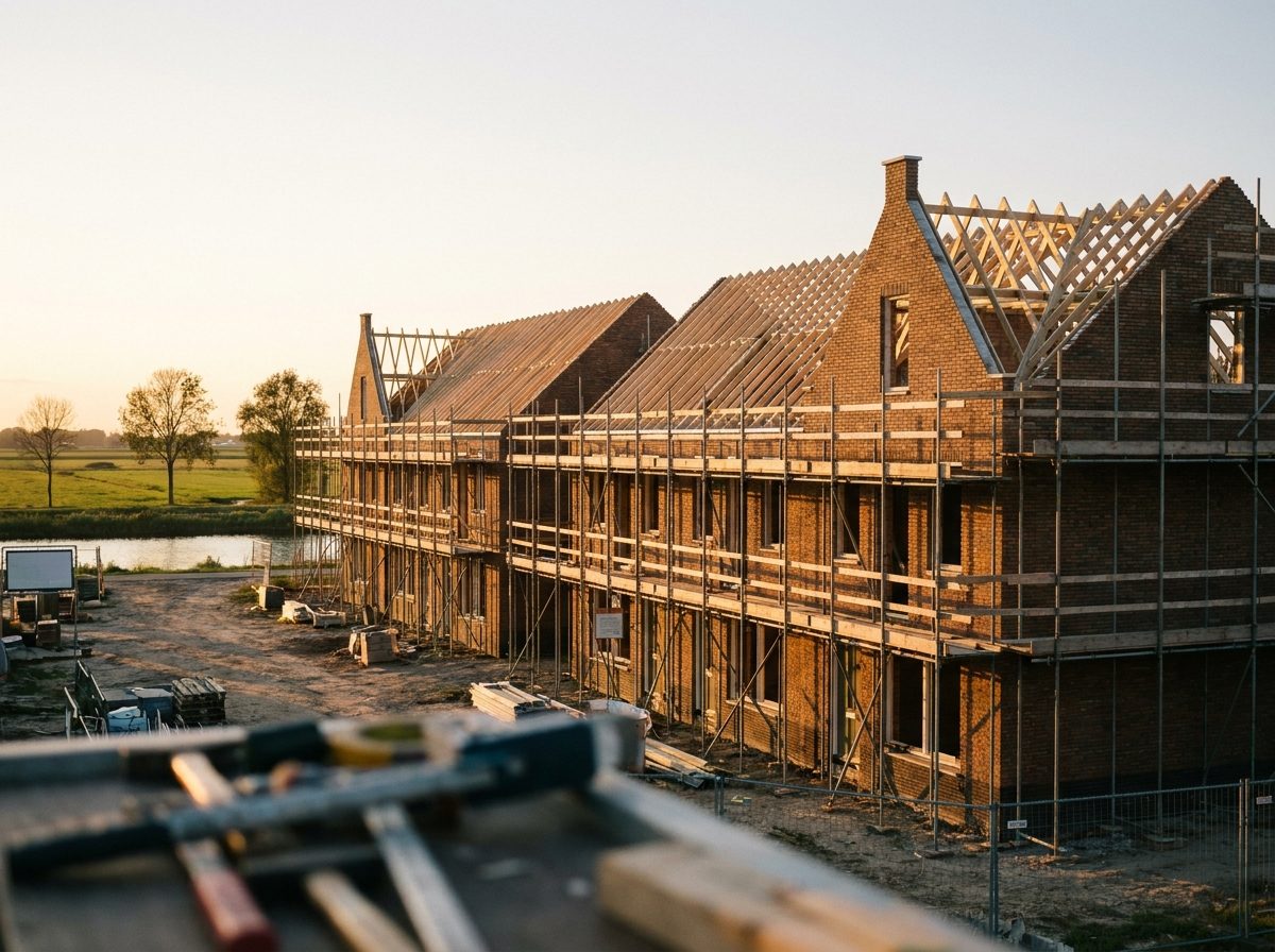 Serie nieuwbouwwoningen in aanbouw met steigers en dakspanten