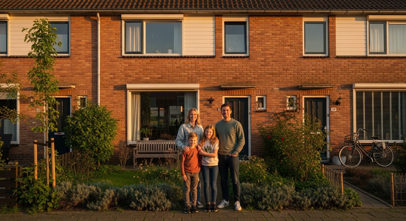 Tevreden gezin voor hun verduurzaamde Nederlandse woning
