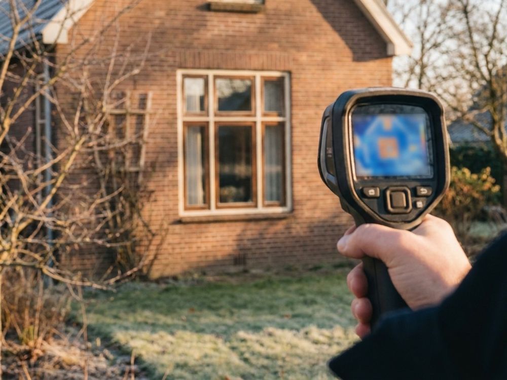 Warmtebeeldcamera gericht op de gevel van een woning op een koude dag