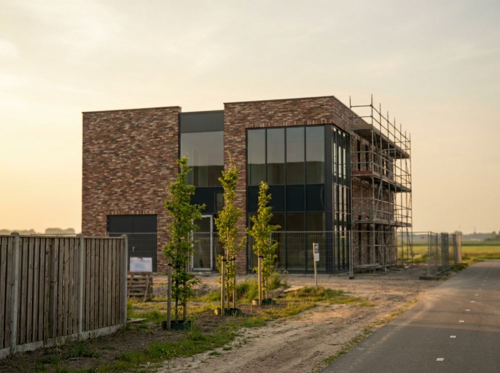 Nieuw bedrijfspand in aanbouw met steiger op een bedrijventerrein
