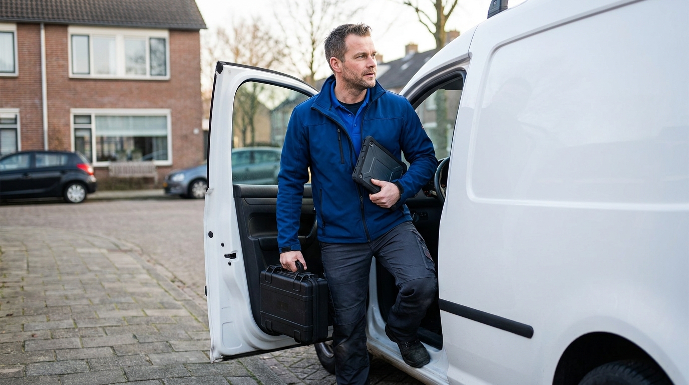 Zelfstandig energieadviseur stapt met zijn meetkoffer uit de bus