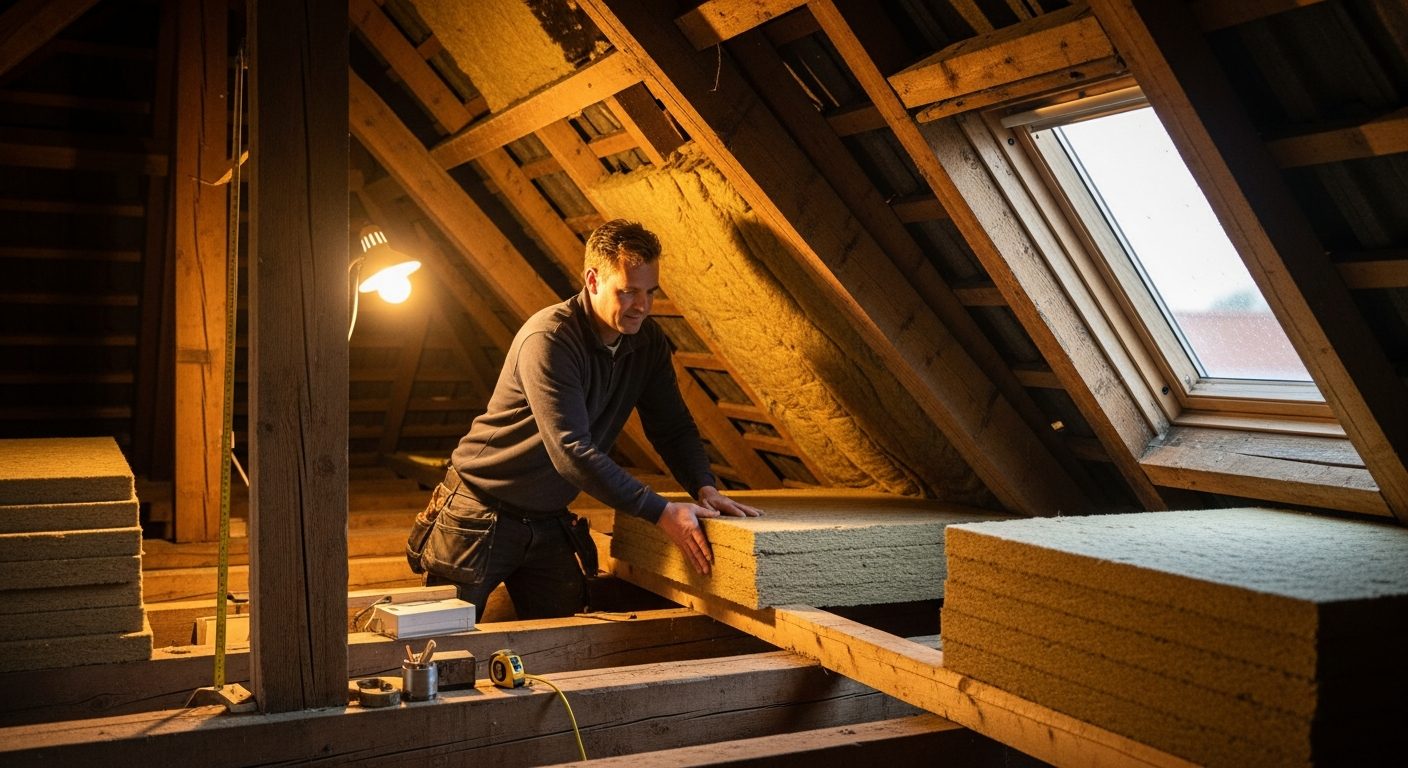 Vakman brengt dakisolatie aan in een Nederlandse woning
