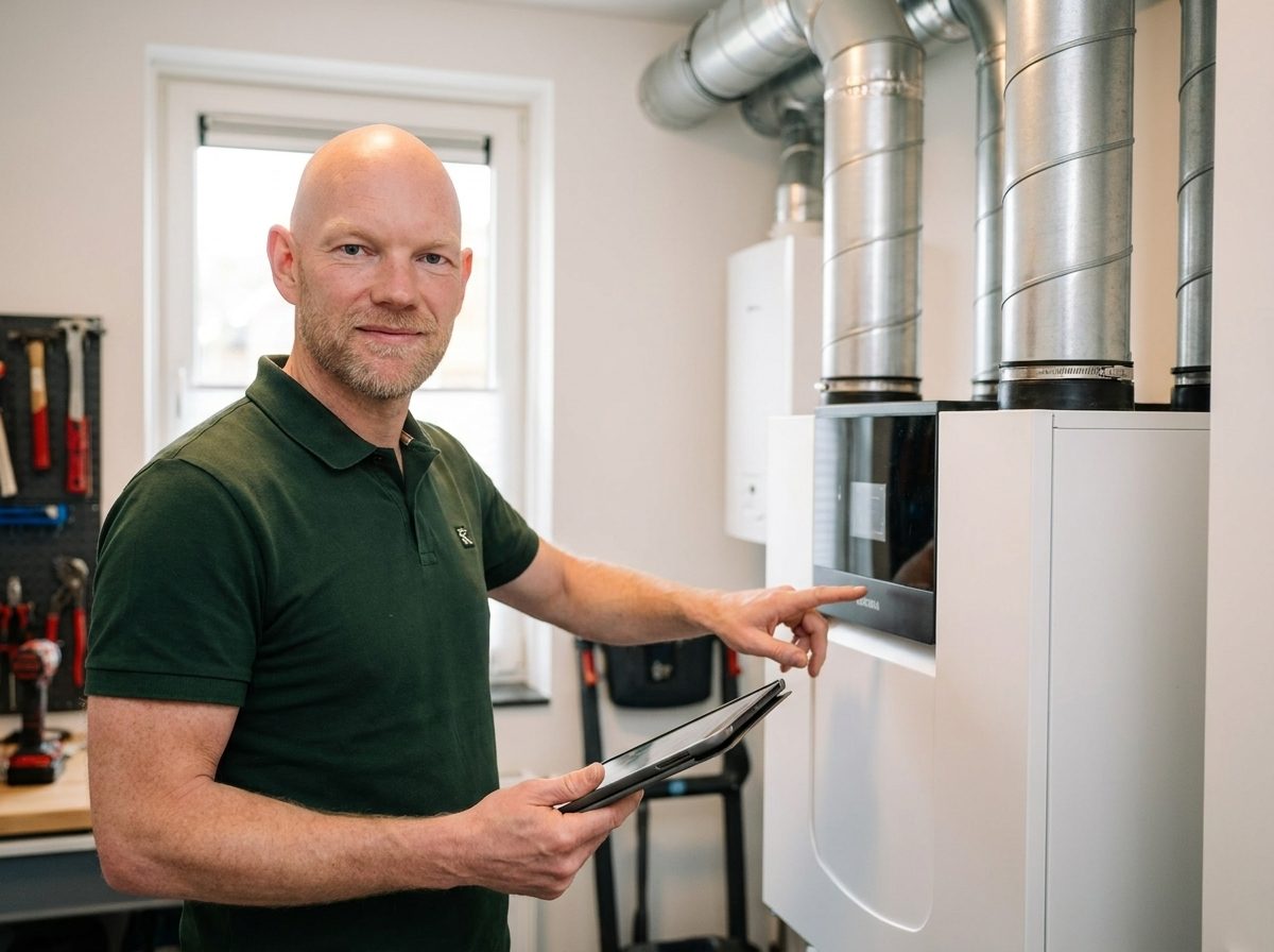 Energieadviseur van DuraPlus controleert een WTW-ventilatiesysteem