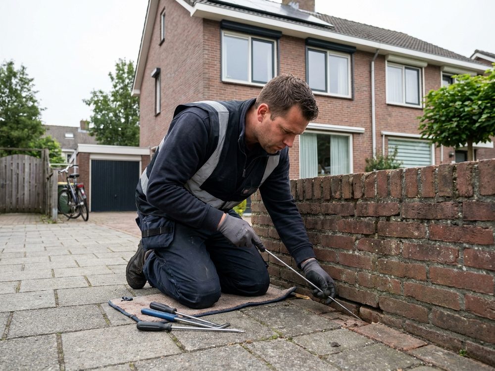 Energieadviseur meet de spouwisolatie van een vrijstaande woning met een prikstok