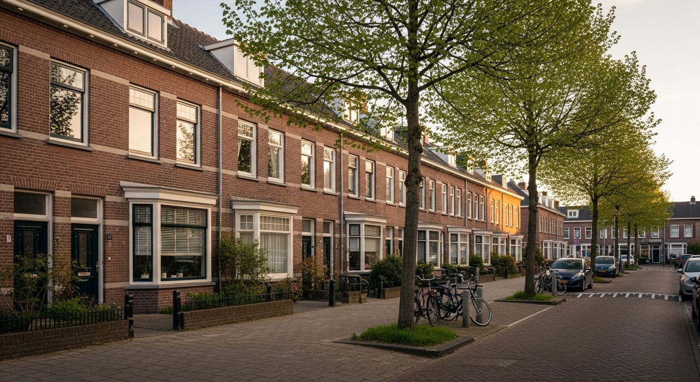 Warme Nederlandse woonstraat met bakstenen woningen — energielabel aanvragen bij DuraPlus