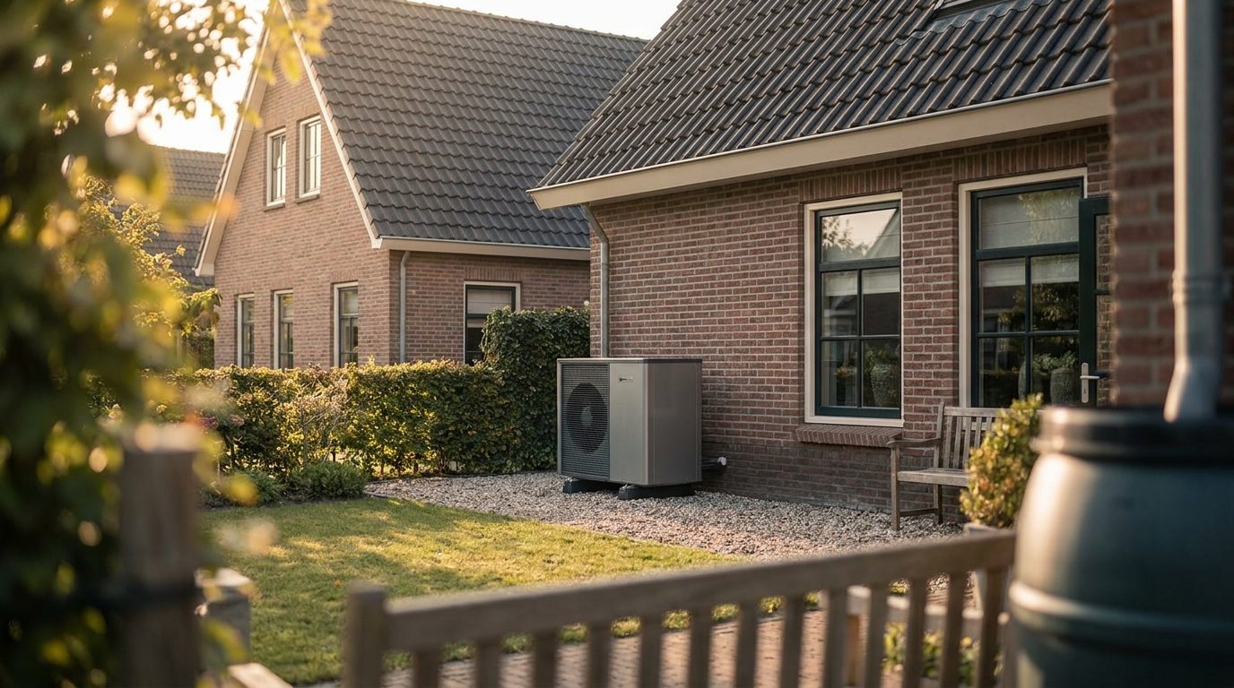 Buitenunit van een warmtepomp naast een geïsoleerde rijwoning