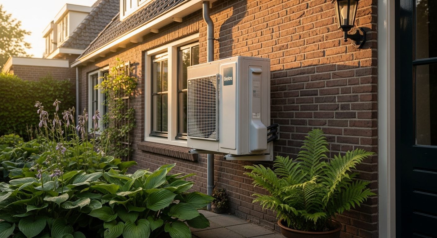 Buitenunit van een warmtepomp aan de gevel van een bestaande bakstenen woning