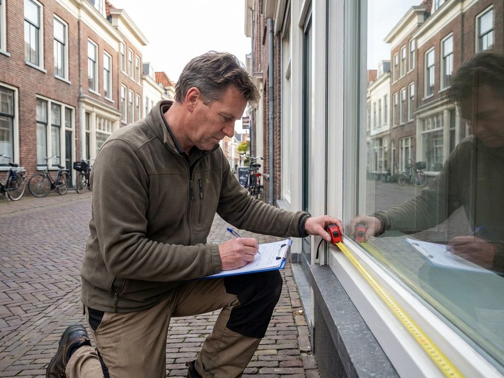 Energieadviseur meet de pui van een winkelpand