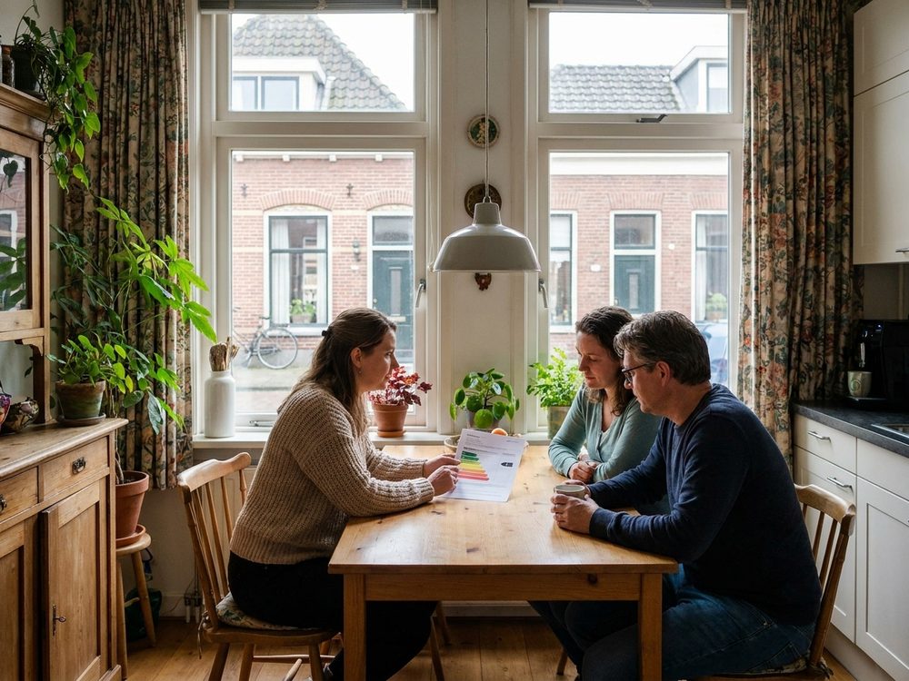 Adviesgesprek over het energielabel aan de keukentafel