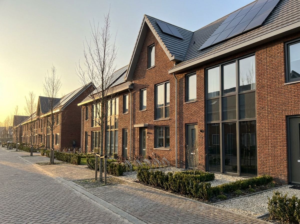 Rij nieuwe woningen met zonnepanelen in warm avondlicht