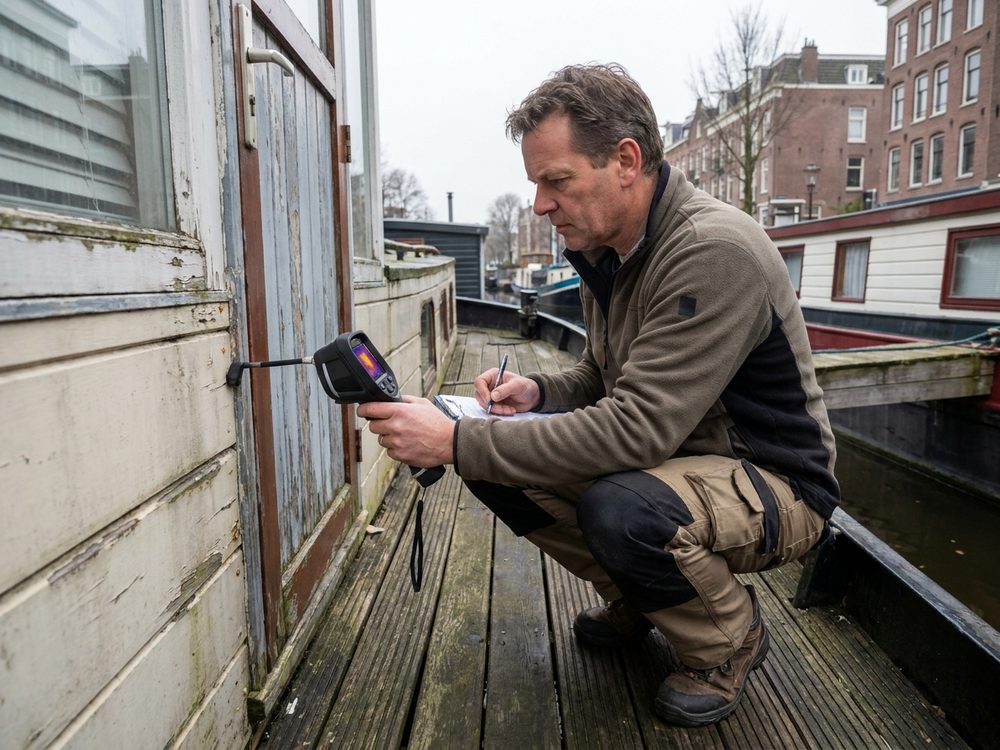 Energieadviseur neemt de isolatie van een woonboot op