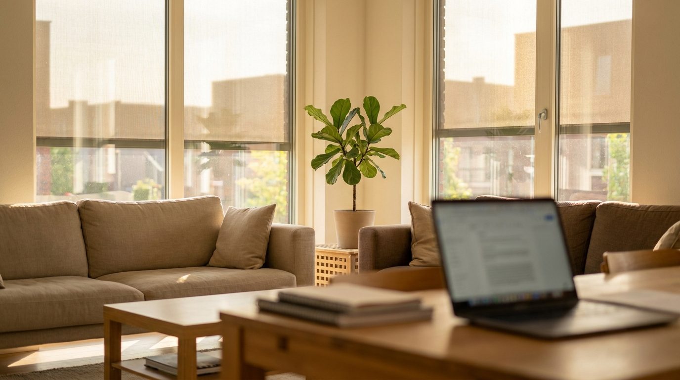 Lichte woonkamer met grote ramen op een zonnige zomerdag